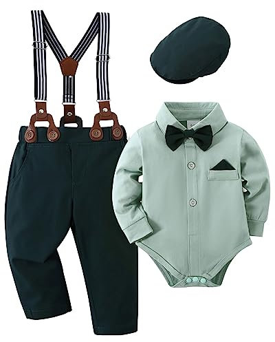 Amisssz Baby Jungen Gentleman Anzug, 4tlg Kinder Hochzeit Festlich Taufe Strampler mit Bowtie Hemden + Hosenträger Overalls Grün 6-12 Monate