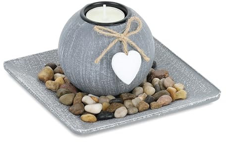 Relaxdays Porte-Bougie avec Plateau et Pierres déco, 15,5 x 15,5 cm, décoration de Table, Salle à Manger, bougeoir, Gris