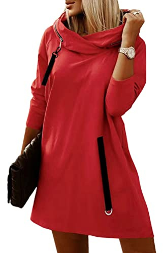 ORANDESIGNE Vestito Felpa Donna con Cappuccio e Zip Invernale Abito Maglione Corto Pullover Elegante Maglietta Maniche Lunghe Curvy Vestitino Moda Casual Crewneck Sweatshirt Rosso M