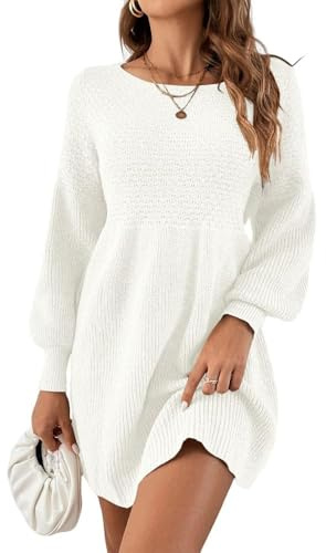 Saodimallsu Abito da donna a maniche a palloncino con scollo rotondo, aderente in alto, in maglia, a linea, miniabito elegante, bianco, M