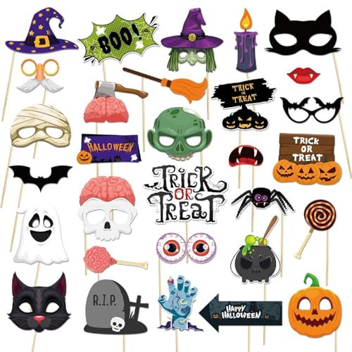 Kiuiom Halloween Selfie Requisiten, 30PC Fotorequisiten Set mit Holzstab, Pappe, orange, black, white, für Halloween Party, Horror-Thema, Karneval, Maskerade, Photo Booth Props