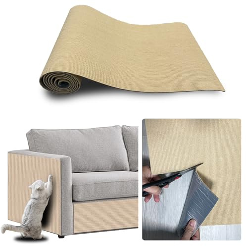 JSUDQR Alfombrilla autoadhesiva para rascar Gato 40x200cm Caqui Rascador para Gatos Sofa para sofás, Muebles y alfombras