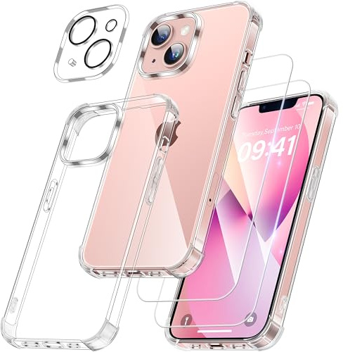 FLLAO 4 in 1 Handyhülle für iPhone 13 Hülle mit 2 Schutzfolie und 1 KameraSchutz, [Integriertes Luftkissen] Stoßfest Kratzfest Weich TPU Schutzhülle für iPhone 13, Transparent