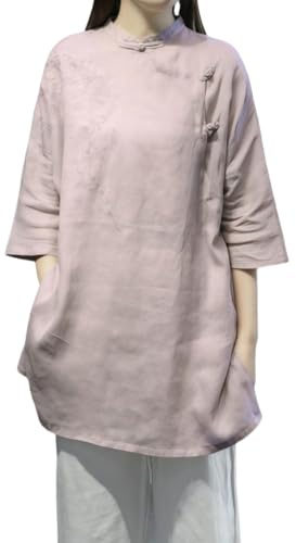 Camisa larga de lino y algodón estilo chino para mujer, túnica Hanfu bordada vintage con botones de rana, blusa zen de ajuste holgado para meditación, ceremonia de té, ropa casual de verano, rosa, XL