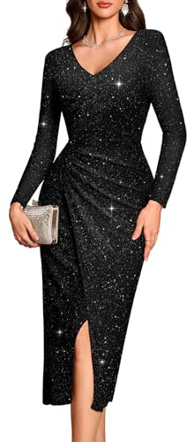 Bbonlinedress Damklänning, paljettklänning, lång aftonklänning, balklänning, cocktailklänning, maxiklänning med slits, glittrande klänning, formell klänning bröllopsgästklänning, Svart, L