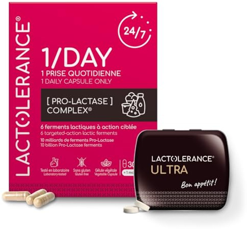 LACTOLERANCE Pack Découverte ULTRA + 1/DAY – Intolérance au Lactose – Lactase 20 000 FCC + Lipase + Probiotiques – Digestion Lactose & Graisses – 30 Jours
