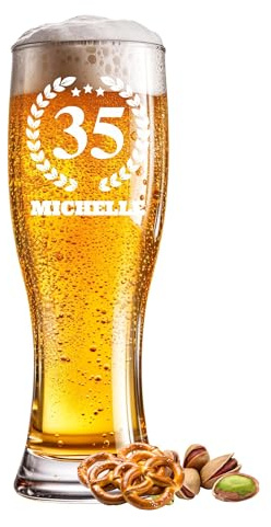 Bicchiere da birra inciso 35° compleanno, 0,5 l, con testo a scelta, nome anno o scritta, per occasioni speciali come compleanno, anniversario, festa del papà o celebrazione, incisione a scelta