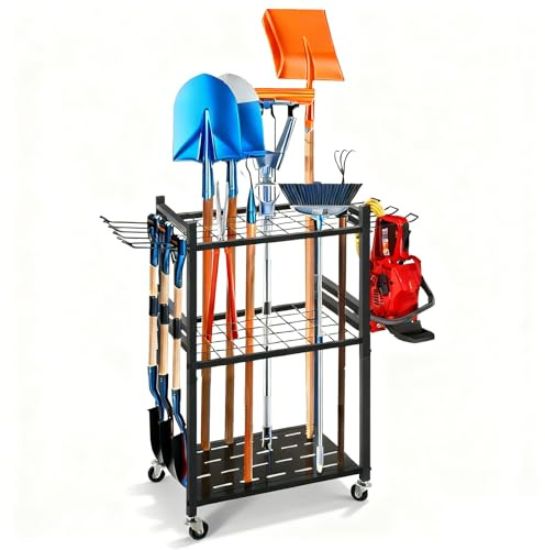 Organizer per attrezzi da giardino, supporto per attrezzi da giardino con ruote bloccabili a 360°, 35 fessure, 9 ganci, scaffale per attrezzi da giardino per pala, zappa, forchetta per scopa