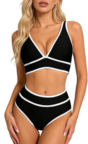 EOAMGO Women’s Bikini Set, Two Piece High Waisted Bikini Swimsuit with Deep V Neck Wide Strap Top, Tummy Control Bottom (UK, Alpha, L, Regular, Regular, Black)