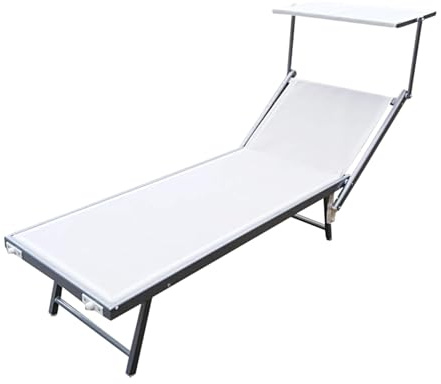 MA MAISON Lettino Prendisole in Alluminio 61X183/189X38H CM - Sdraio, Tettuccio Pieghevole, Schienale Reclinabile, 2 Posizioni, Tessuto Textilene, Portata 120kg, per Mare, Piscina, Giardino - (Bianco)