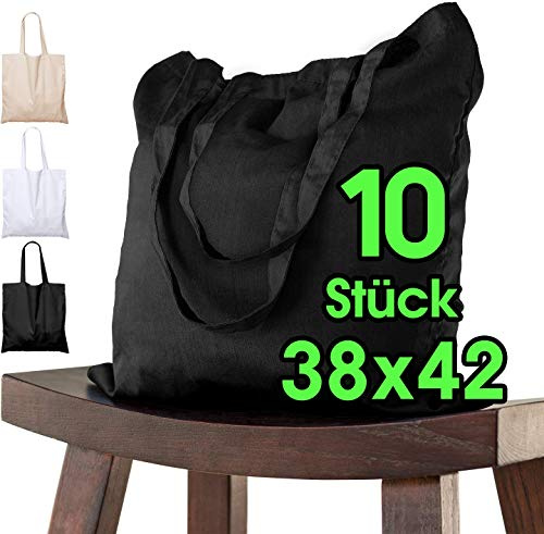 ELES VIDA Lot de 10 Sacs en Coton non imprimés 38 x 42 cm, Sac à bandoulière, Sac en toile, ÖKO-TEX® Sac en toile à carreaux Sac à provisions Sac à provisions Sac en toile (Negro)