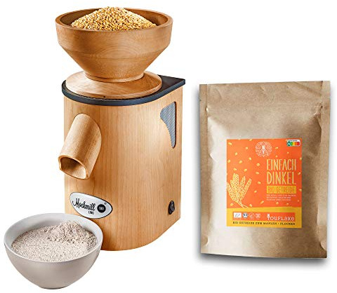 Kornkvarn Mockmill Lino 200 | Made in Germany | corundum and ceramic mill-stone | fresh flour | grain | Lino 200 + 2,5 kg organic spelt)