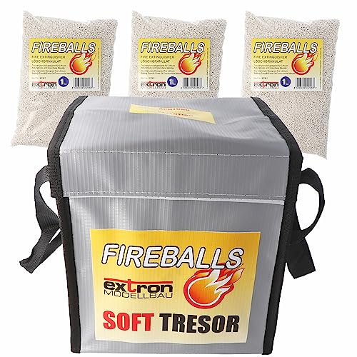 Extron Fireballs Feuerlöschgranulat Tresor Bundle für Lithium Akkus, Brandschutz, Löschmittel 3x1 Liter inkl. Soft-Tresor