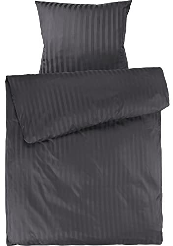 Pure Label Mako Satin Damast Streifen Bettwäsche dunkelgrau 135 x 200 cm mit Kissenbezug 80 x 80 cm aus 100% Baumwolle | Traumhaft weiches Mako Satin Bettwäsche Set in Uni