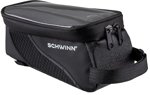 Schwinn Top Tube Phone Bag for Bicycles, Black, Touch-Screen Compatible Smartphone Pocket, Easy Installation, Weatherproof Zip Pocket, Storage for Phone, Wallet, Keys and More, Bike Frame Mount Bag