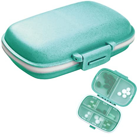 Paquete de 1 organizador de píldoras de viaje, 8 compartimentos, caja de píldoras portátil para monedero de bolsillo, contenedor de vitaminas portátil para medicina, color azul