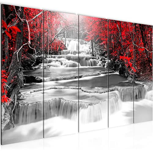 Runa Art Wandbild XXL Wasserfall Wohnzimmer 200 x 80 cm Schwarz Rot 5 Teilig - Made in Germany - 043655a