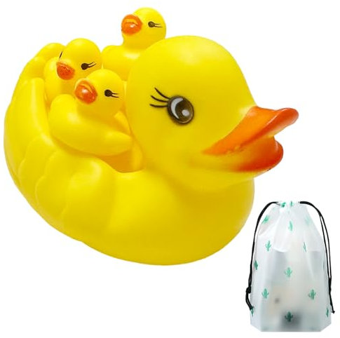 MAXQUU 4 pezzi giocattolo da bagno in gomma con anatra di gomma con 1 custodia con coulisse, anatra galleggiante per la piscina a casa, giocattolo classico per il bagno, set di giocattoli da gioco