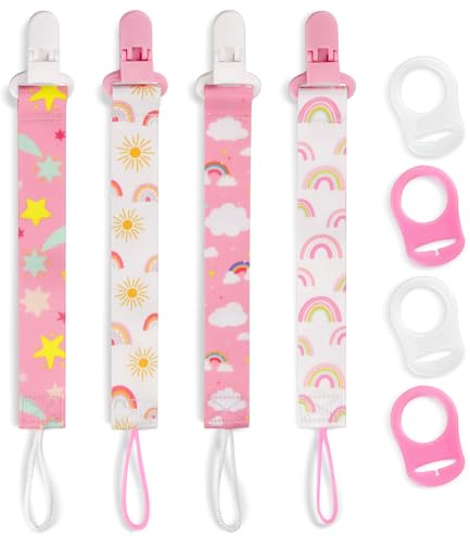 4 Pack Pacifier Clips for Boys Girls, Dummy Clips Baby with Adapters, Silicone Binky Clips for Baby Teething Toys Baby Shower (Pink+White)