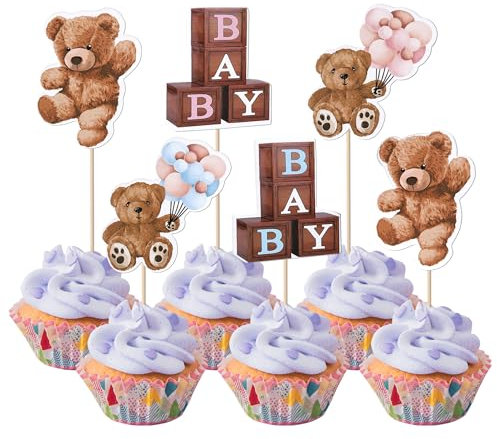 Xsstarmi 36 Pack Bear Cupcake Toppers Double Sided Bear Balloon Cupcake Picks Decoration for Gender Reveal Baby Shower Birthday Party Cake Decorations Supplies
