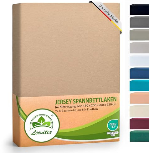 leevitex® Luxus Elasthan Jersey Spannbettlaken | 180x200 – 200x220 cm | Multistretch | 250 g/m² | 92% Mako-Baumwolle und 8% Elasthan | 40cm Steghöhe | außergewöhnlich hochwertige Ausführung | Sand