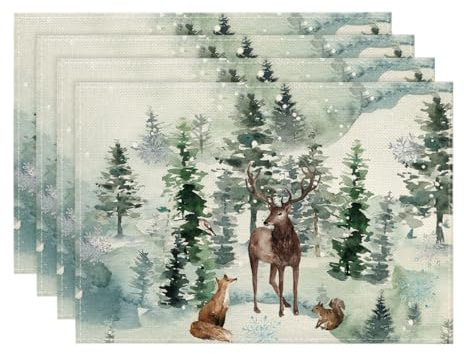 Artoid Mode Bäume Schneeflocken Fuchs Rentier Weihnachten Platzsets 4er Set, 30x45cm Winter Tischset Waschbar Platzdeckchen Küche Party Deko