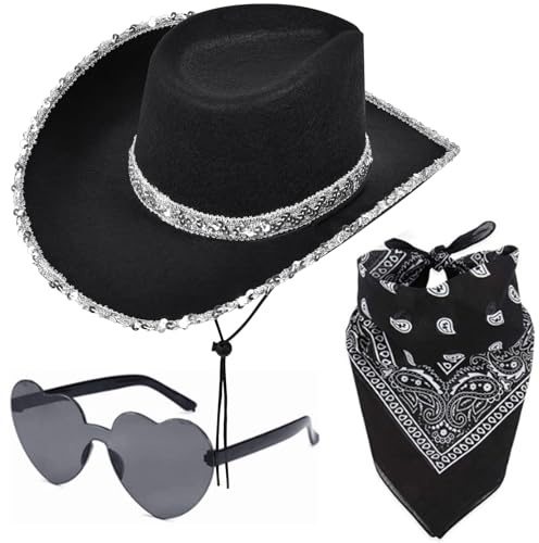 Aomig 3Pcs Cowboy Hat Fancy Dress Accessory, Black Cowboy Costume Set with Paisley Bandanna and Glasses, Western Cowboy Fancy Dress Costume for Birthday Halloween, Bachelorette, Bachelor Party