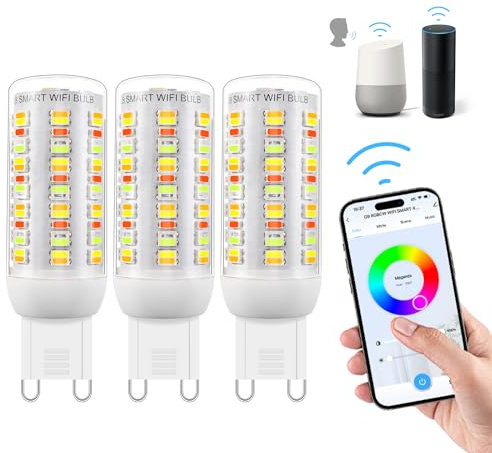 Wi-Fi RGBCW Smart G9 LED Lampen,Kompatibel mit Alexa /Google Home,AC 230V Mehrfarbrige dimmbare,2700K-6500K,Helligkeit einstellbar 1%-100%,4W,400LM,mit Musiksynchronisation LED Glühbirne,3er Pack