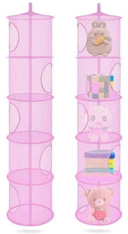 ZYETGH Hängeaufbewahrung, 2 Stück Hängender Speicherkorb Faltbare Kuscheltier Aufbewahrung 5 Fächer Hängeorganizer Aufbewahrungstasche für Kinderzimmer Badezimmer Balkon (Rosa)