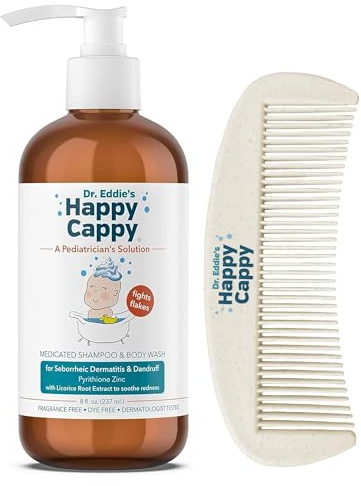 Happy Cappy Cradle Cap Medicated Shampoo and Body Wash with Comb - Baby Dandruff Shampoo, Helps Infants with Seborrheic Dermatitis, Reduces Flakes, Dermatologist Tested, Fragrance Free - 8 fl oz