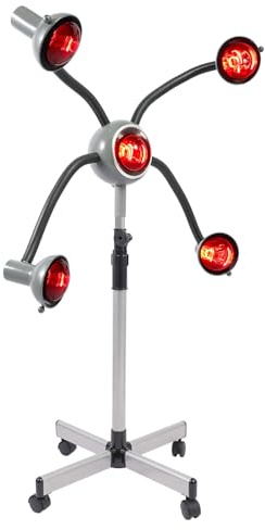 peluquería lámpara de calefacción，infrarroja de 5 cabezales para peluquería, con pantalla protectora, lámpara infrarroja, 40-80 C，luz infrarroja, 108-132 cm, regulable en altura, color blanco