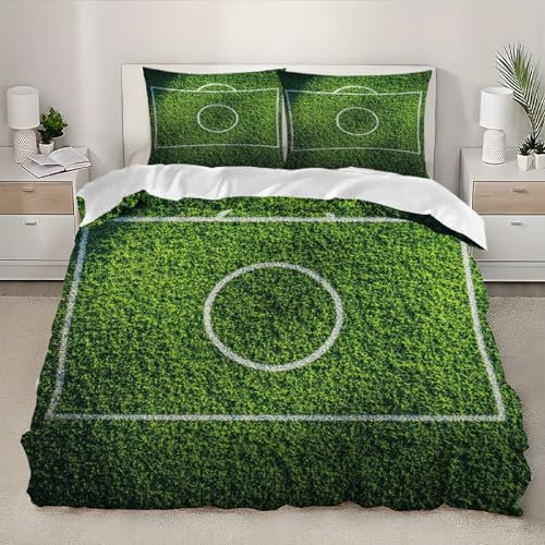Tema Del Campo Da Calcio Copripiumini Biancheria da Letto 155x200 cm Morbido Comodo Microfibra Verde Copripiumini Biancheria da Letto Set con Cerniera Tutte le Stagioni 3 Pezzi