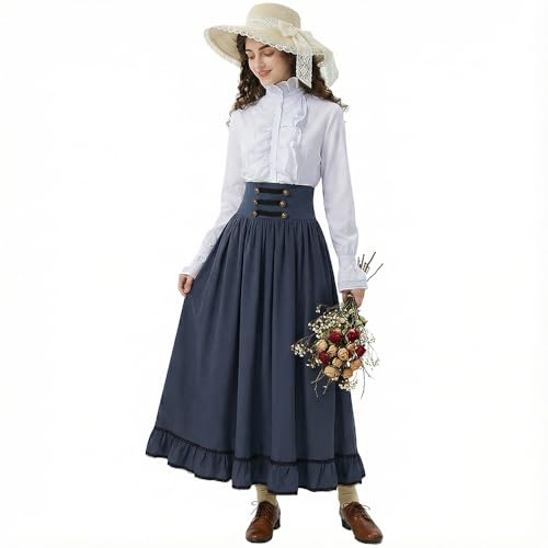 Medeltida damklänning med volangärmar - damdräkt i fransk stil (skjorta + vintage kjol med hög midja) - elegant set för kontor eller fritid