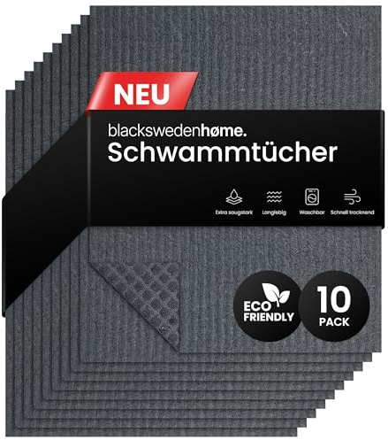 Black Sweden Home Spültücher schwarz (Dunkelgrau) - 10er Pack schwedische Spüllappen aus Baumwolle & Zellstoff - waschbare Schwammtücher Küche, nachhaltige Küchentücher wiederverwendbar, Lappen