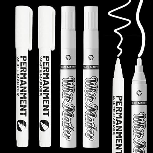 Omeblos Permanent Marker Pens, 4Pcs White Marker Pens, 1-2mm/5mm, Quick Drying Fabric Pen Permanent for Clothes, Stones, Rock Painting, Ceramic, Glass, Wood, Metal, Canvas, Tire Pen