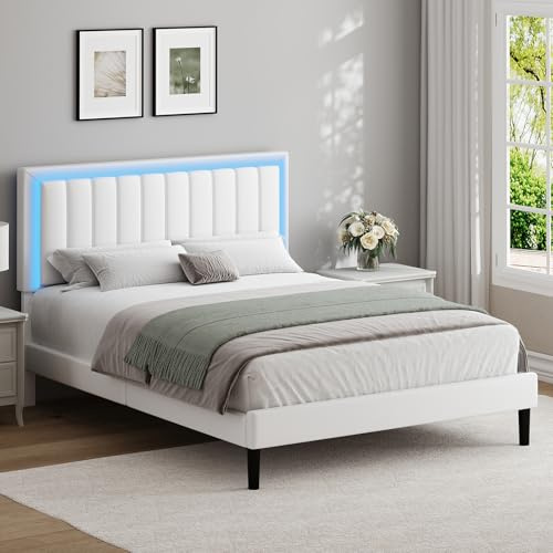 HOMBCK Double Bed Frame with LED Lights, Wooden Platform Upholstered Bed Frame, Easy Assembly, No Box Spring Needed, White 135x190