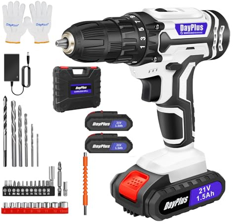 21V Akkuschrauber Set, Weiß Akku bohrschrauber mit 2x Akkus 1,5Ah und Ladegerät, 25+1 Drehmomentstufen, 45Nm Max schlagbohrschrauber, 2-Gang & LED, 26PCS Zubehöre Set für Haus und Garten DIY Projekt