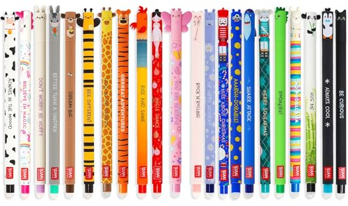 LEGAMI Set di 22 penne gel cancellabili con inchiostro termosensibile cancellabile, gamma di colori dell'inchiostro e design a botte, punta da 0,7 mm, disegni di animali
