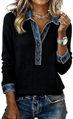Felpe Patchwork in Denim da Donna, Pullover a Maniche Lunghe in Denim con Revers, Scollo a V, Chiusura con Bottoni, Top Casual in Maglia a Nido d'Ape (Black,L)
