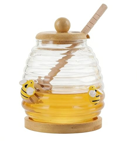 ZhouWei 500 ml Porta Miele in Vetro, Trasparente Contenitore Miele con Cucchiaio e Coperchio in Legno Barattolo Mieli Honey Jar Sigillato a Bocca Larga, per Conservazione di Mieli Sciroppo