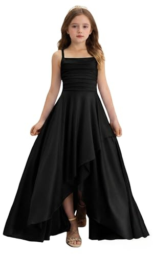 VeetaLux Girls High-Low Flower Girl Dress Pleated Satin Prom Dress | Elegant Spaghetti Strap High-Waist Formal Dress with Asymmetrical Hem Perfect for Prom Graduation Party Wedding Birthday