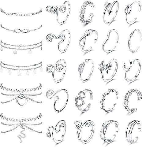 Bagues d'orteil Bracelet Cheville Femme Argent Or Bague de Pied Anneaux d'orteil Chaine de Cheville Imperméable Bague de Pied Réglable Chevilles Bracelets Ensemble Bijoux de Plage pour Femmes
