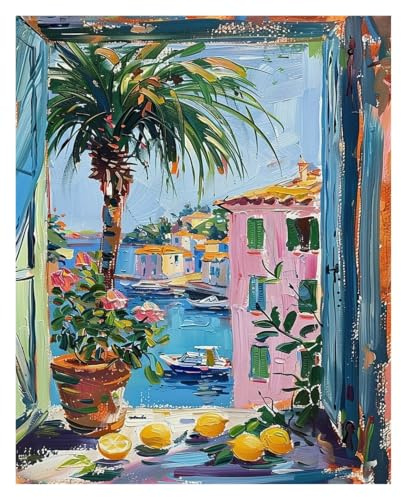 1 St Öppet Fönster Tryck Stil Fauvism Målning Hav Apelsinträd Kustnära Utsikt Canvas Affisch