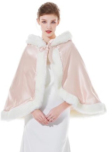 BEAUTELICATE Mantello con Cappuccio Donna Mantella Corto Pelliccia Sintetica Rosa da Sposa con Mano Muff per Matrimonio Invernale Hallween Natale Carnevale Cosplay (Rose Gold, Taglia Unica)