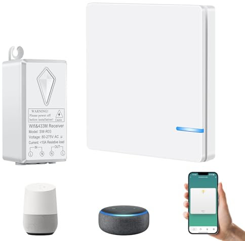 NineLeaf Wireless Smart Light Switch with Receiver, No Wiring Required, Large Panel & LED, Voice Control with Alexa & Google Assistant, Multi-Way Switches for Home Lighting (1 Switch + 1 Receiver)