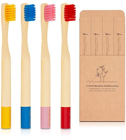 Biologisch Abbaubare Kinder Zahnbürste aus Bambus - 4 Stück mit Weichen Borsten und Rundem Griff