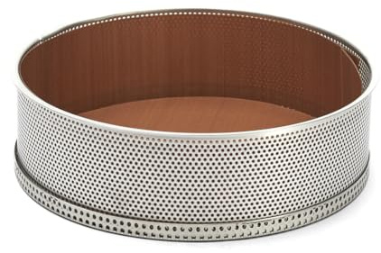 De Buyer - Moule rond à manqué à fond amovible en inox perforé (2 feuilles de cuisson inclues) - Diamètre 24 cm -, Argent