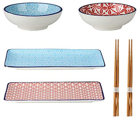 vancasso Serie Macaron, Vajillas de Sushi 6 Piezas Japonés para 2 Personas, 2 Platos Rectángulo 2 mini Platos Salsa, color azul y rojo