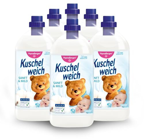 Kuschelweich Weichspüler Sanft & Mild, Weichspüler sensitiv und hautverträglich für spürbar weiche Wäsche, Weichspüler ohne Farbstoffe, praktischer Vorrat 6 x 2 Liter je 76 Waschladungen