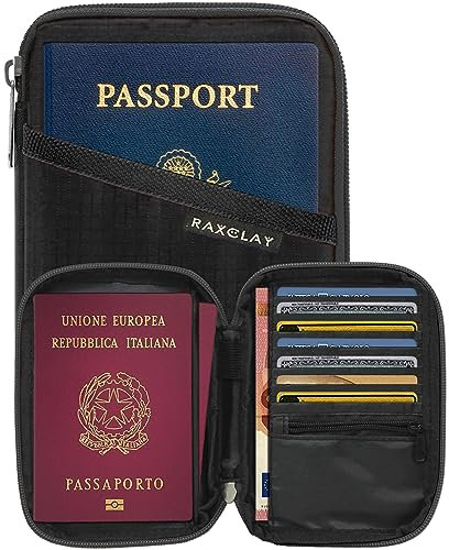 RAXCLAY Porte-Passeport RFID Portefeuille de Voyage, Compact 9 Cartes, Protège-Passeport, Étui Documents, Cartes Bancaire et ID, pour Homme et Femme, Protection Anti-piratage (Noir 9 Cartes de Crédit)